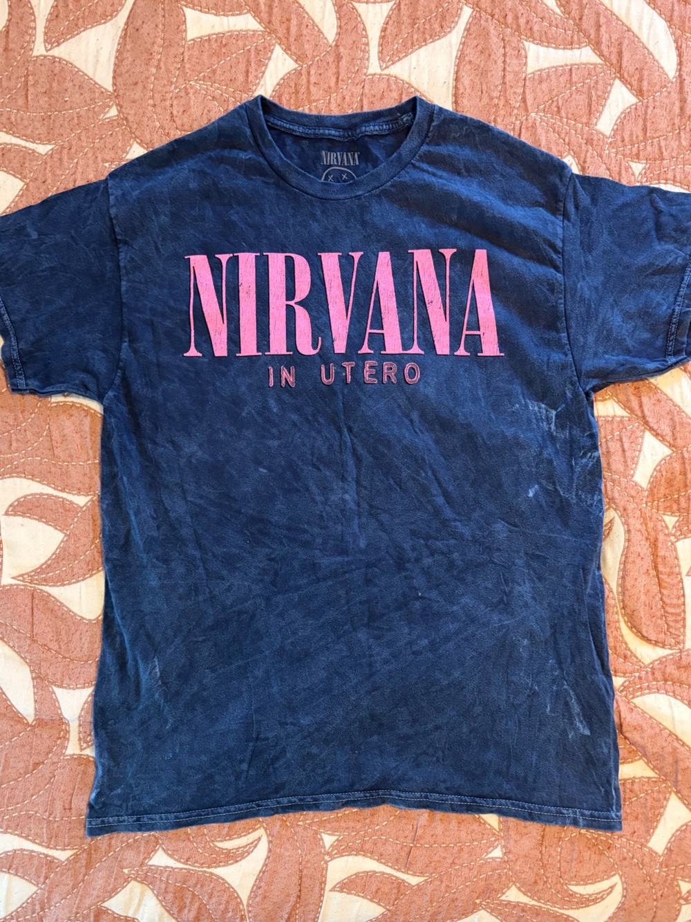 NIRVANA IN UTERO acid wash Blue Tee with Pink Graphic Large